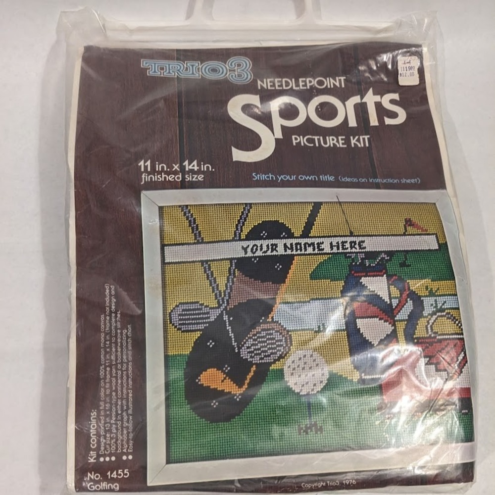 Vtg Trio 3 Needlepoint Sports Picture Kit Golfing No 1455 Personalized 1976 NOS